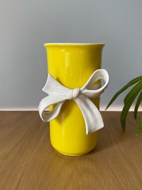 Vintage Fitz and Floyd Yellow Ceramic Vase with White Bow Accent